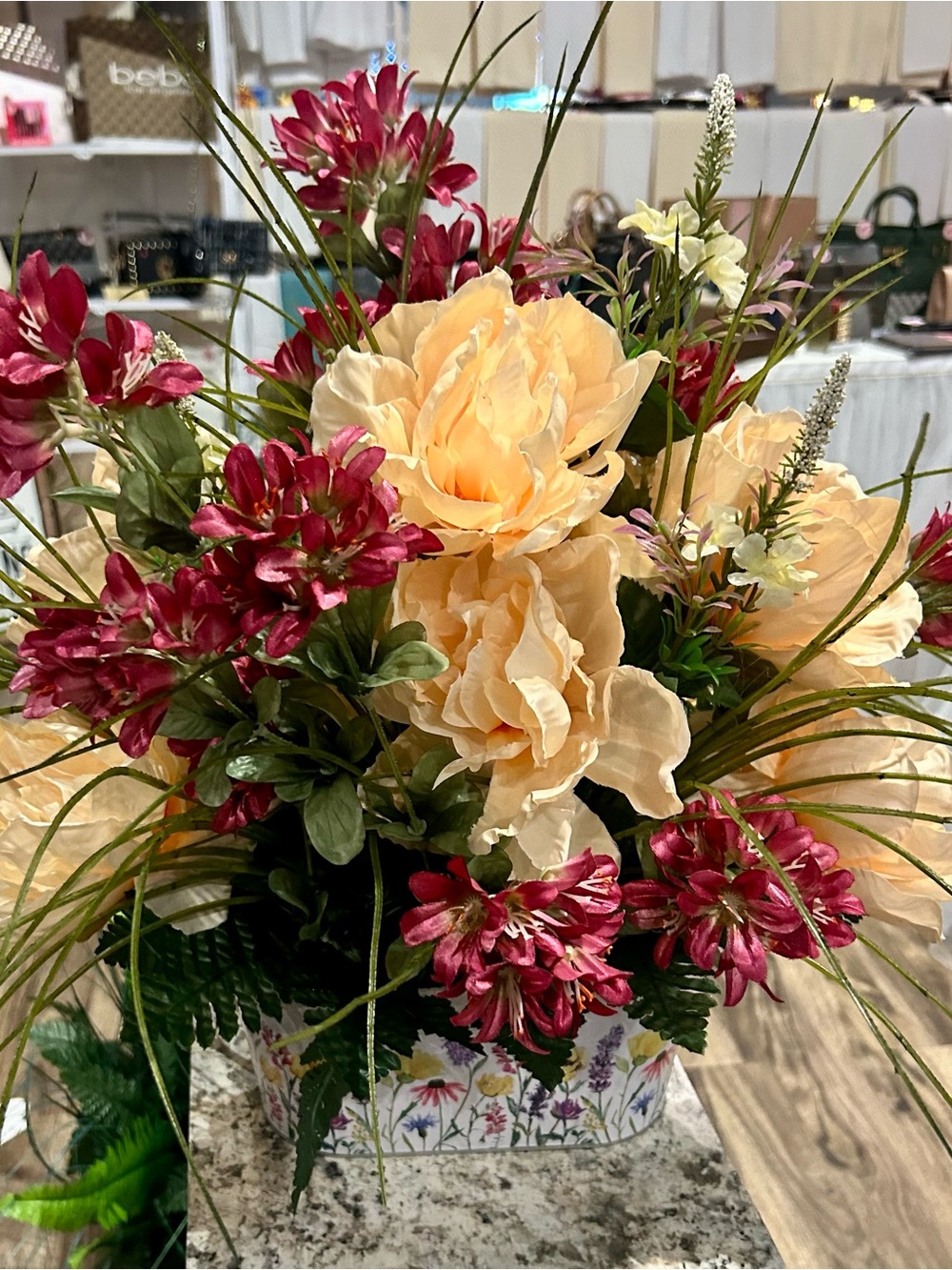 Artificial Floral Arrangement with Cream and Burgundy Blooms
